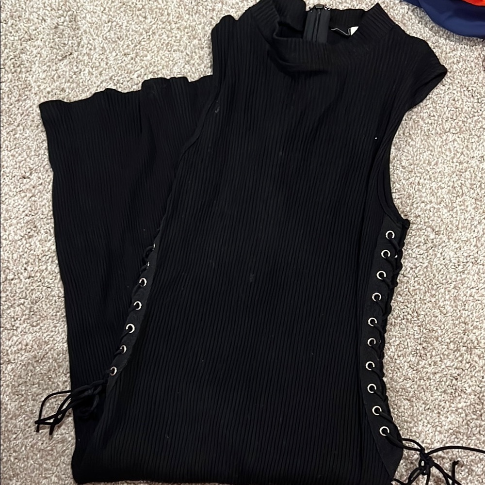 Essue Black Midi Dress with Lace-Up Sides